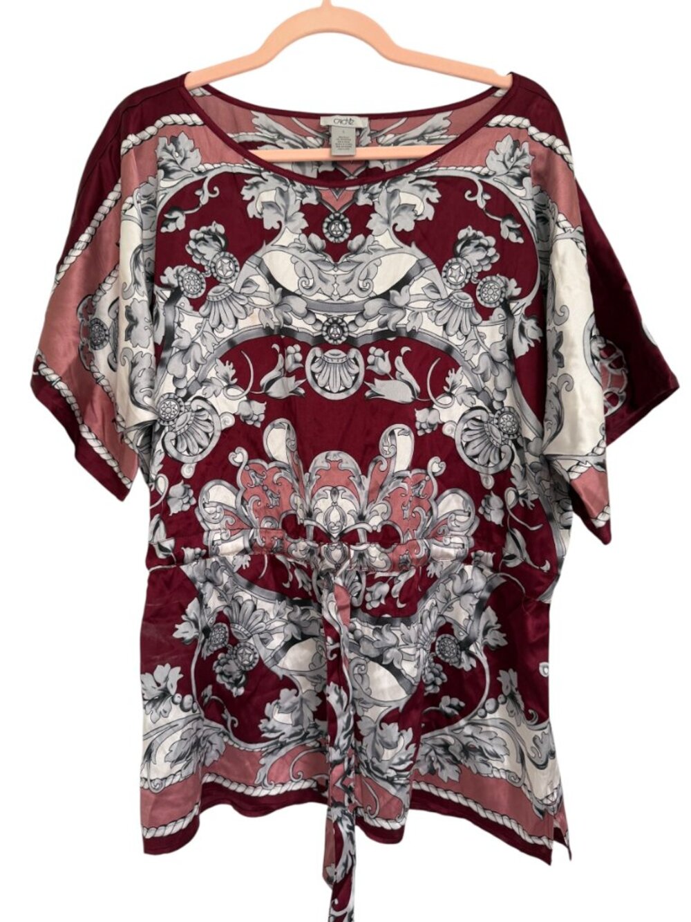 Vintage Cache Silk Tunic Blouse- Burgundy/Gray- L- Y2K-  MSRP $129